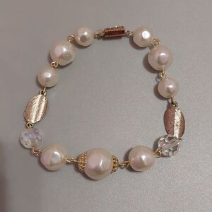 Vintage Mixed Media Tab Insert Link Bracelet Faux Pearls Acrylic Gold Tone Metal